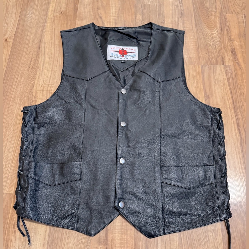 Bike Star Men's Sz M Black Genuine Leather Biker Apparel Grunge Snap Close Vest